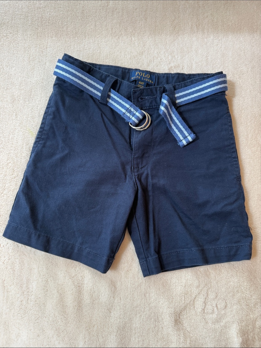 Polo by Ralph Lauren Navy Flat Front Shorts with Blue Striped Belt